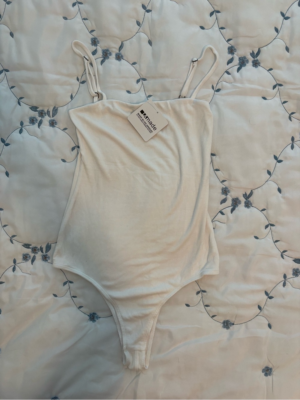 LA Made Cream Ribbed Spaghetti-Strap Bodysuit
